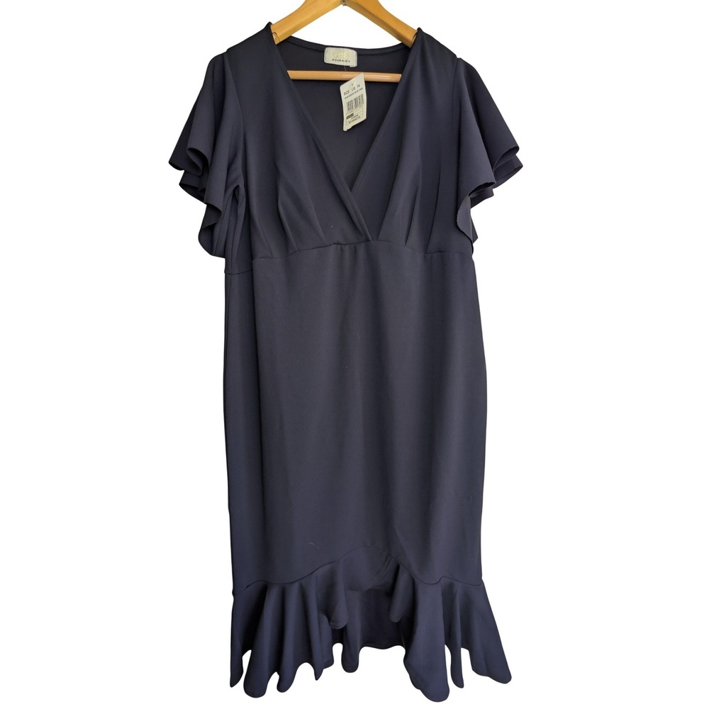QUIZ Curve Navy Scuba Crepe V-Neck Flutter Sleeve Ruffle Hem Midi Dress US 14‎